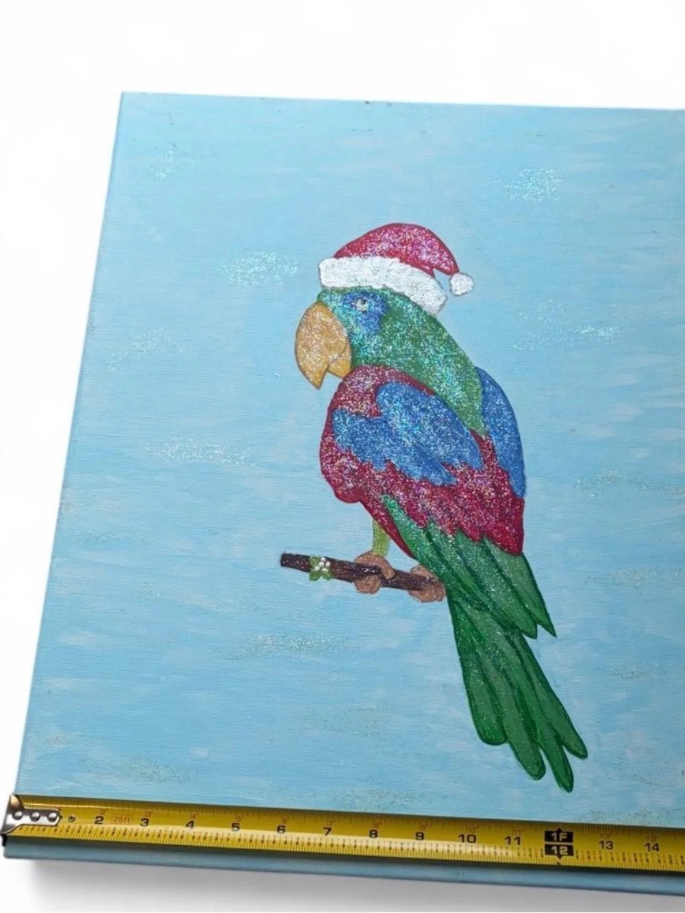 Festive Green Parrot Perch Art Print - Green Red Blue Bird Accent